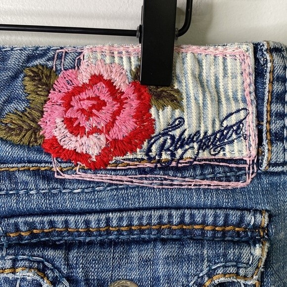 Blue Tattoo Low Rise Bootcut Distressed Jeans Big Stitch Embroidered Rose Logo - Picture 9 of 16